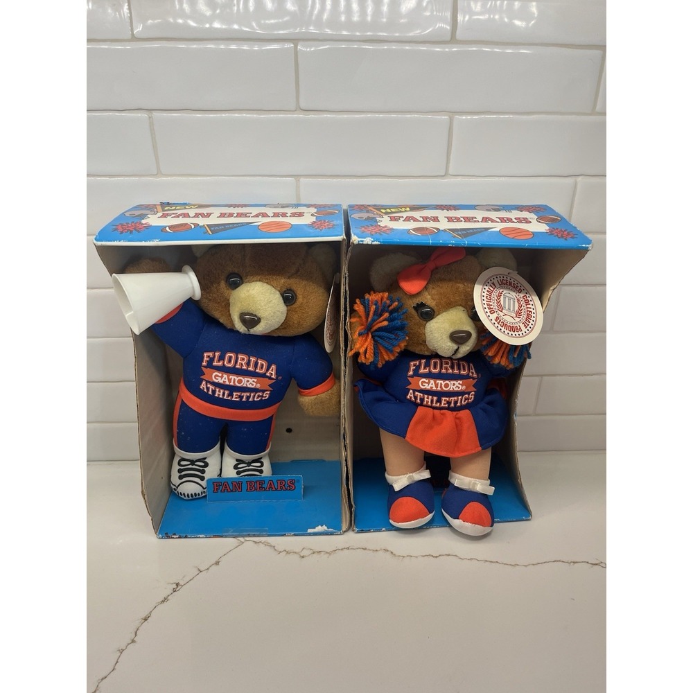 Vintage Florida Gators Fan Bears Cheerleader Stuffed Bear Plush Mascot Pair VTG